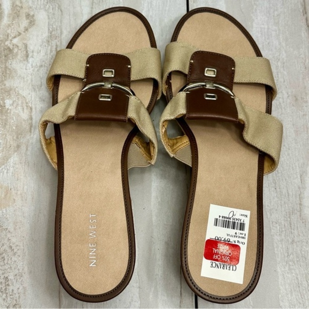 Nine West Tan Brown Women's Cork Bottom Wedge Sandals Classic Neutral Summer